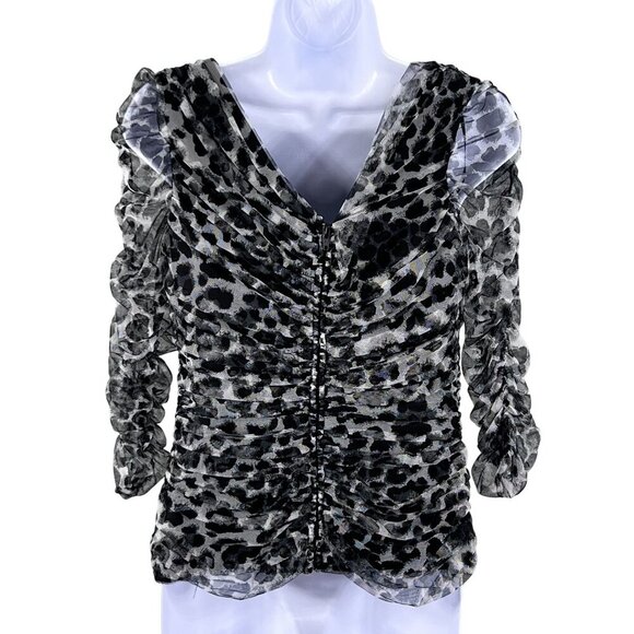Tadashi Shoji Womens M Leopard Print Ruched Mesh Top V Neck 3/4 Sleeves Blouse - Picture 2 of 15